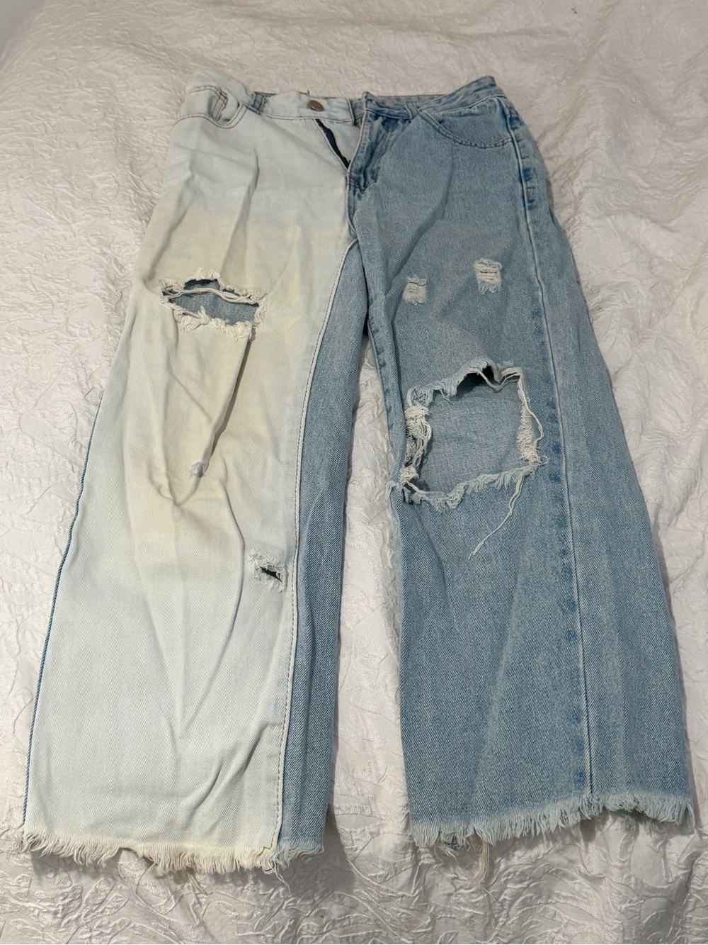 SHEIN Two-Tone Distressed Wide Leg Jeans - Light Blue & Washed